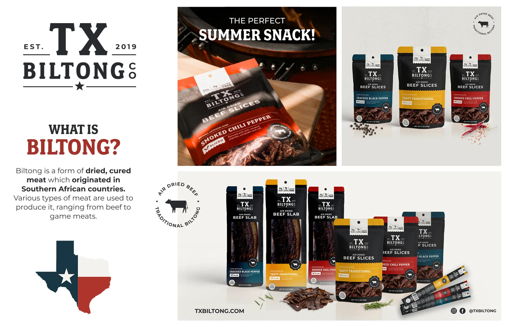 TX Biltong Co packaging and campaign design collage